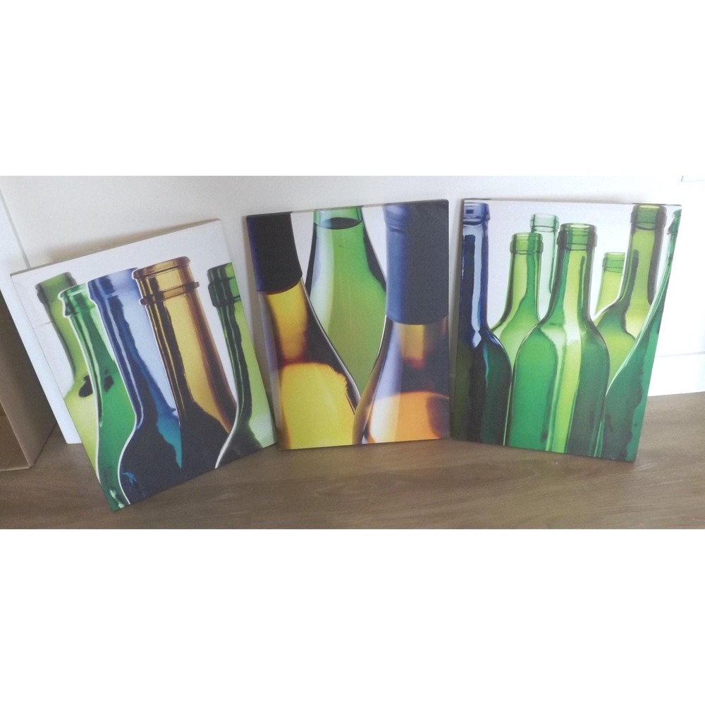 Lot of Three Canvas Wine Bottle Paintings Prints - See Description for Details